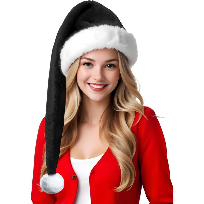 Christmas Black Santa Hat Long, Adults Deluxe Black and White Xmas Christmas Hat for Black Christmas Theme New Year Festive Holiday Party Supplies