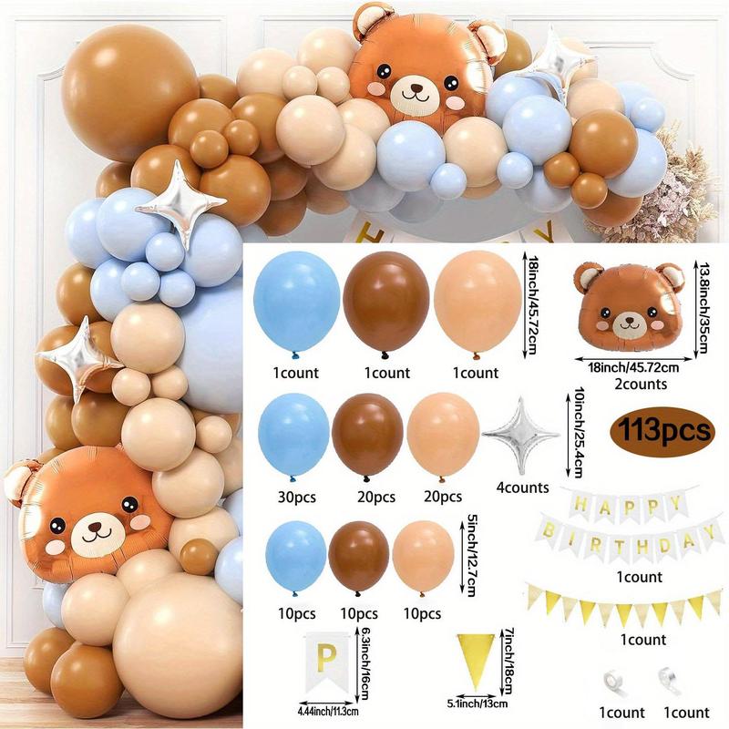 Cartoon Bear Themed Balloon Arch Kit, 109pcs Birthday Balloon Garland Set with 2 Counts Hanging Banner & 2 Counts Tape, Birthday Party Decoration Supplies