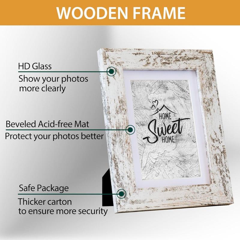 Rustic White 5x7 Picture Frame - Display Photos 4x6 with Mat or 5x7 Without Mat - Real Glass Frames for Wall and Tabletop - Set of 2