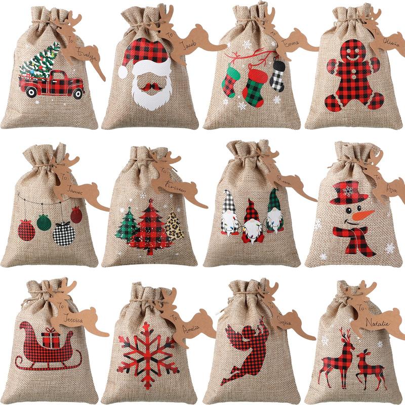 24 Pieces Christmas Burlap Gift Bags Christmas Treat Bags with Drawstrings Small Christmas Gift Goody Bags for Xmas Holiday New Year Party Favors Supplies, 12 Designs