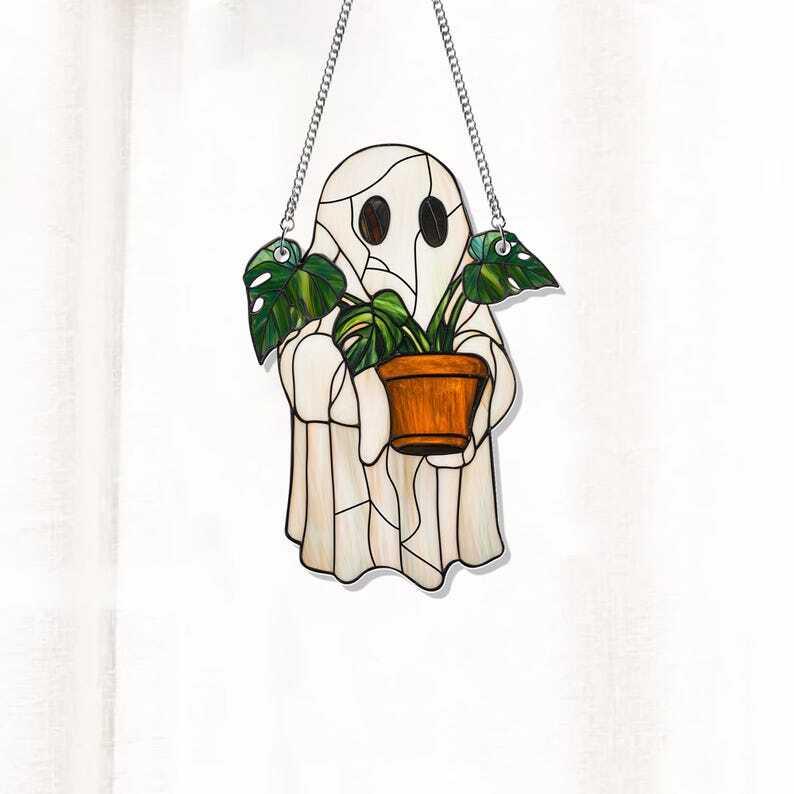 ACRYLIC Cute Ghost Plant Suncatcher, Ghost and Monstera Acrylic Ornament, Halloween Ghost Window Hangings, Plant Lovers Gift, Gift For Mom