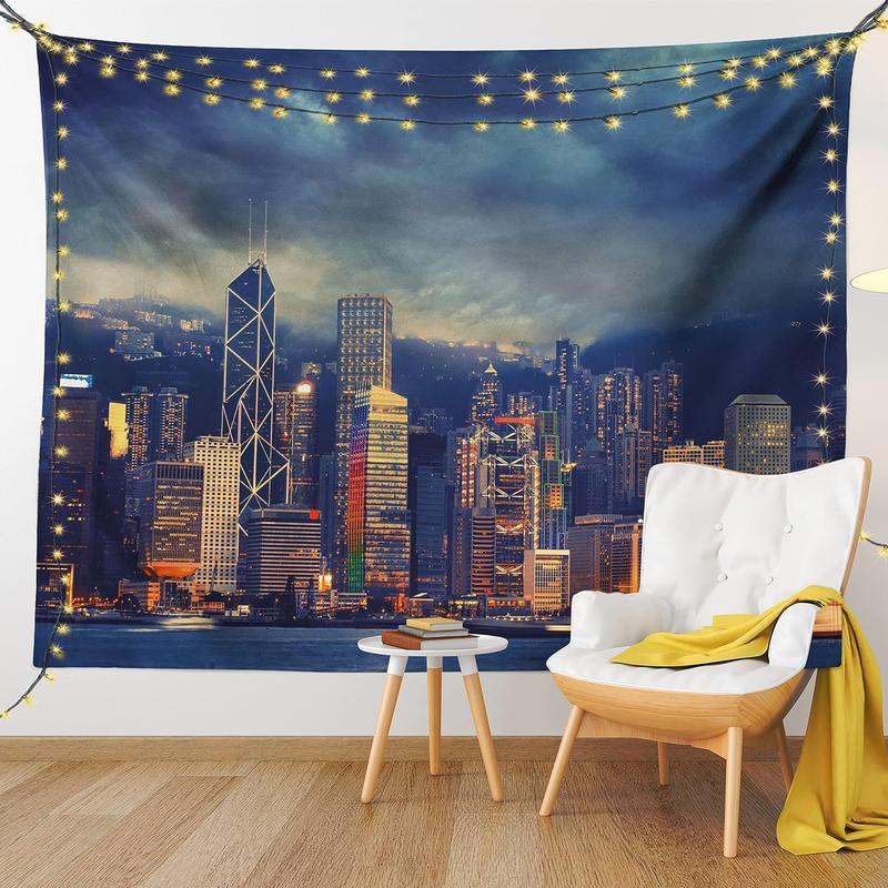 Cityscape Tapestry, Hong Kong Cityscape Stormy Weather Cloudy Sky Seaside Harbor Magnificent View, Bedroom Living Room Dormitory Decorative Wall Hanging, 40