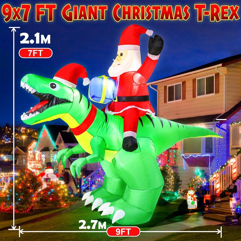 Christmas Inflatable Dinosaur with Santa Claus Design, 1 Count Outdoor Inflatable Christmas Decoration with LED Light, Garden Decor for Home Party Festival Ornaments