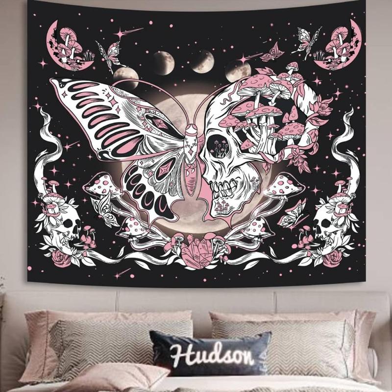 Butterfly Moon Tapestry for Bedroom Aesthetic, Skull Flower Mushroom Stars Dorm Wall Hanging, Black and Pink Cute Moth Plant Hippie Art Tapestries Decorations for Living Room Home (60'' x 79'')