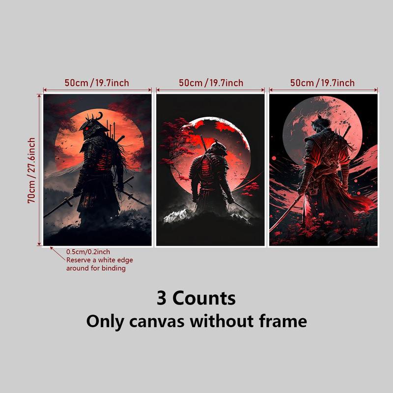 Samurai Pattern Canvas Painting without Frame, 3 Counts set Moon & Samurai Pattern Wall Art Painting, Wall Art Decor for Living Room Bedroom Office