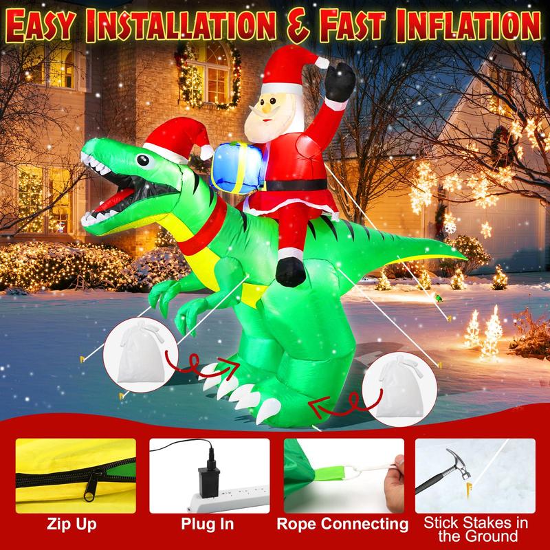 Christmas Inflatable Dinosaur with Santa Claus Design, 1 Count Outdoor Inflatable Christmas Decoration with LED Light, Garden Decor for Home Party Festival Ornaments