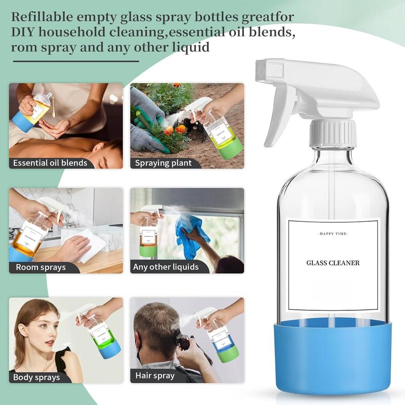 2 Pack Glass Spray Bottles with  Sleeve,16oz Clear Glass Spray Bottles Refillable Empty Bottle with Adjustable Nozzle,Spray Bottle for  Oils,Cleaning Solutions,Pets,Hair