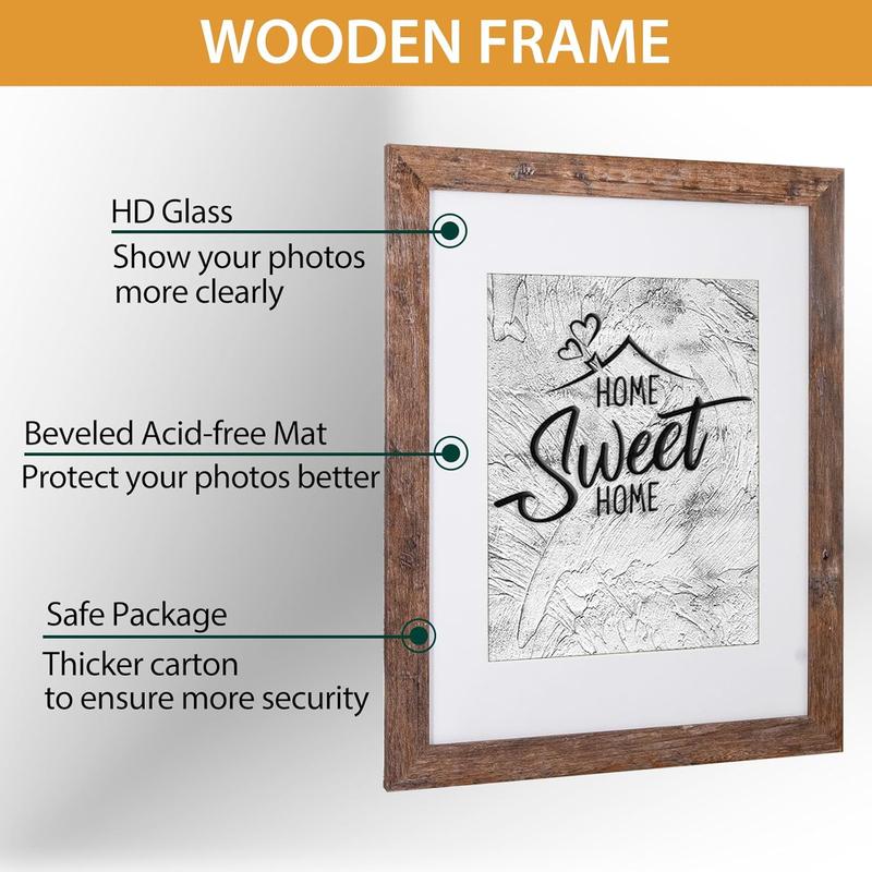 Rustic Brown 11x14 Picture Frame - Display Photos 8x10 with Mat or 11x14 Without Mat - Real Glass Inside - Set of 2