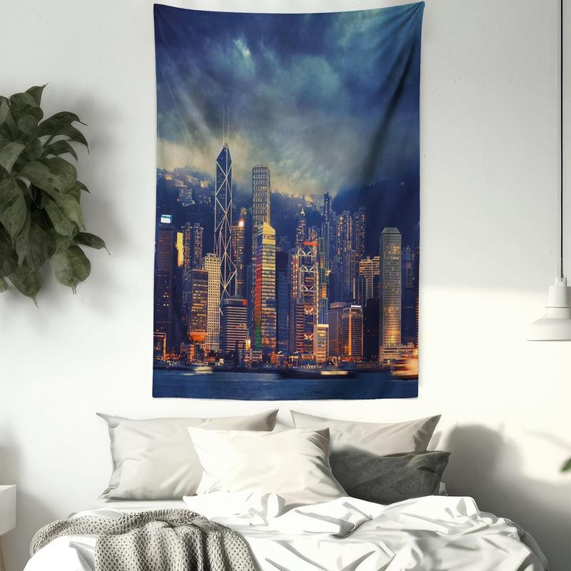 Cityscape Tapestry, Hong Kong Cityscape Stormy Weather Cloudy Sky Seaside Harbor Magnificent View, Bedroom Living Room Dormitory Decorative Wall Hanging, 40