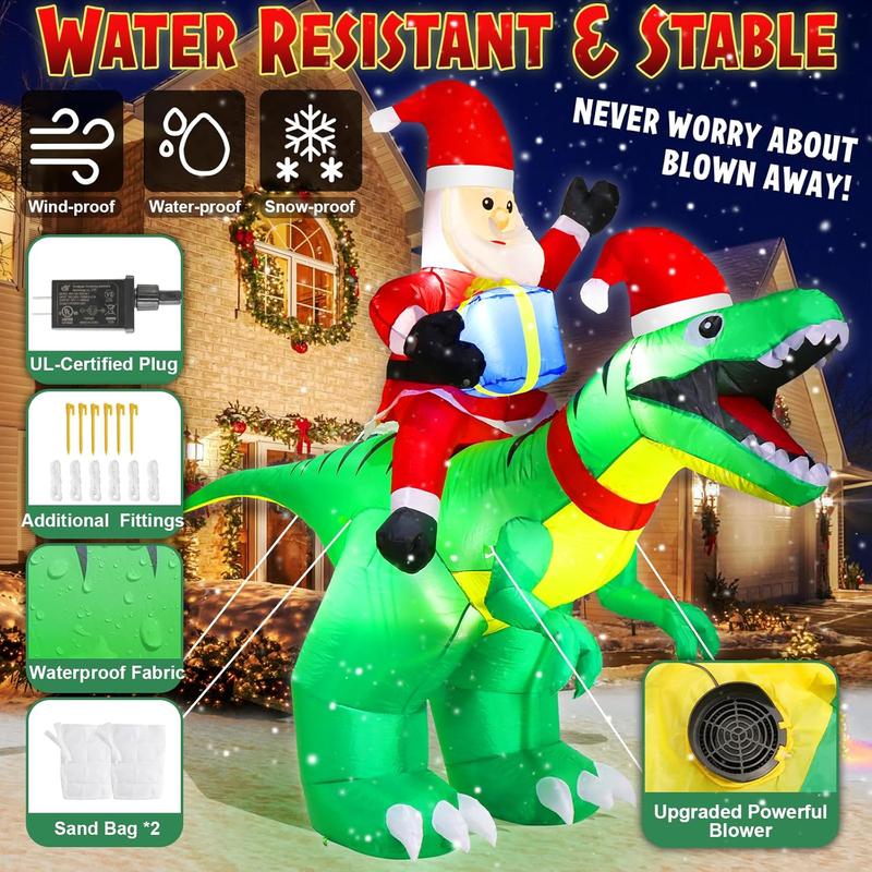 Christmas Inflatable Dinosaur with Santa Claus Design, 1 Count Outdoor Inflatable Christmas Decoration with LED Light, Garden Decor for Home Party Festival Ornaments