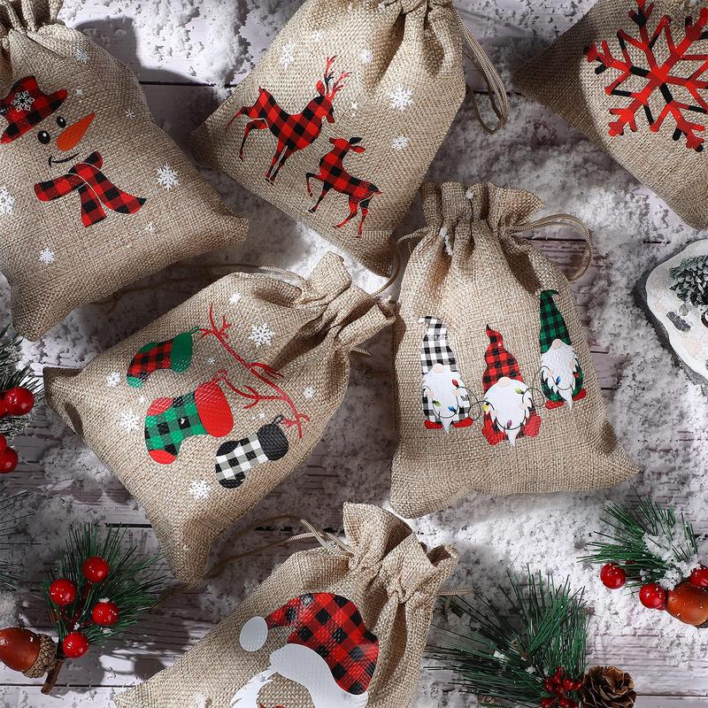 24 Pieces Christmas Burlap Gift Bags Christmas Treat Bags with Drawstrings Small Christmas Gift Goody Bags for Xmas Holiday New Year Party Favors Supplies, 12 Designs