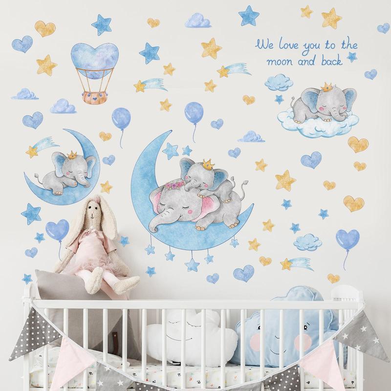 Cartoon Animal Wall Sticker, Baby Elephant, Star, Moon & Clouds Pattern Wall Sticker, Wall Decoration, Wall Decals For Bedroom, Nursery