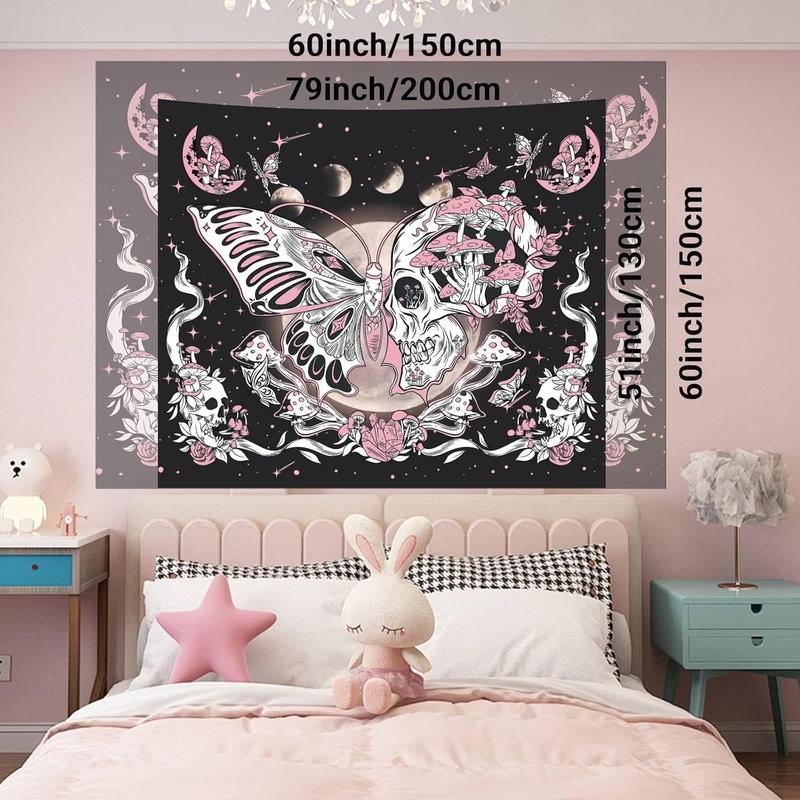 Butterfly Moon Tapestry for Bedroom Aesthetic, Skull Flower Mushroom Stars Dorm Wall Hanging, Black and Pink Cute Moth Plant Hippie Art Tapestries Decorations for Living Room Home (60'' x 79'')