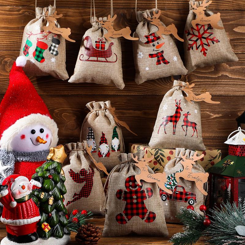 24 Pieces Christmas Burlap Gift Bags Christmas Treat Bags with Drawstrings Small Christmas Gift Goody Bags for Xmas Holiday New Year Party Favors Supplies, 12 Designs