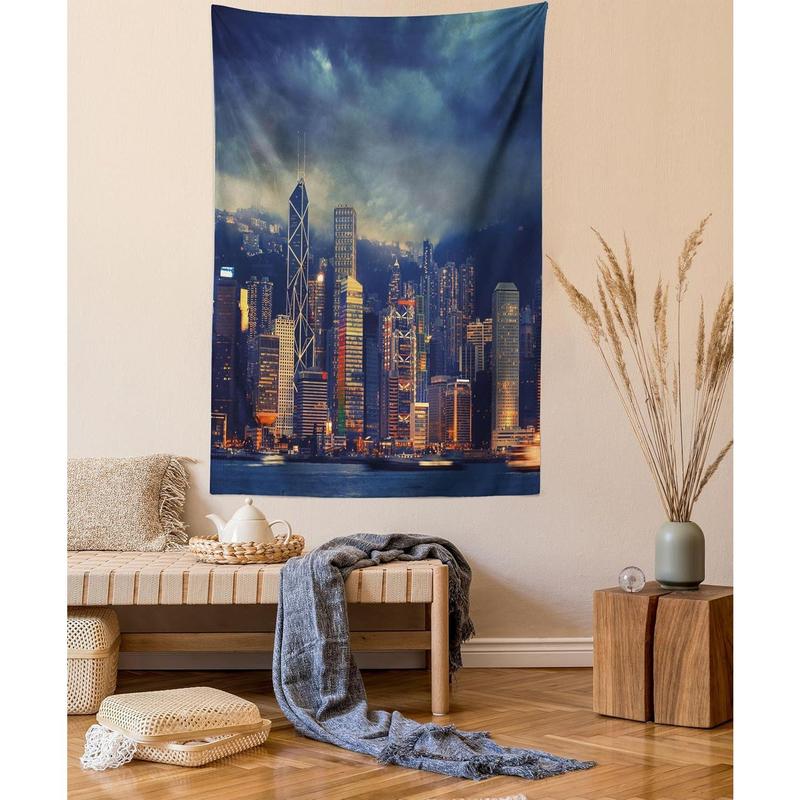 Cityscape Tapestry, Hong Kong Cityscape Stormy Weather Cloudy Sky Seaside Harbor Magnificent View, Bedroom Living Room Dormitory Decorative Wall Hanging, 40