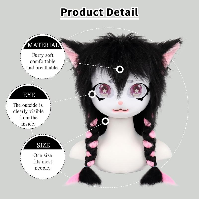 Animal Cat Head Mask Fursuit Cute Plush Anime Masks for Halloween Masquerade Cosplay Costume Accessory