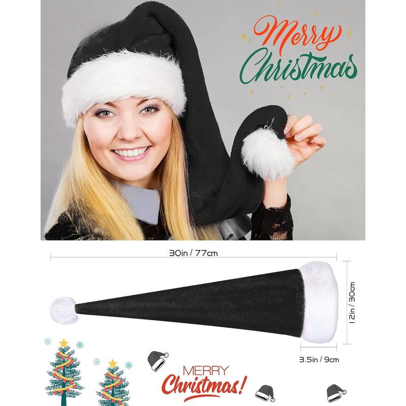 Christmas Black Santa Hat Long, Adults Deluxe Black and White Xmas Christmas Hat for Black Christmas Theme New Year Festive Holiday Party Supplies