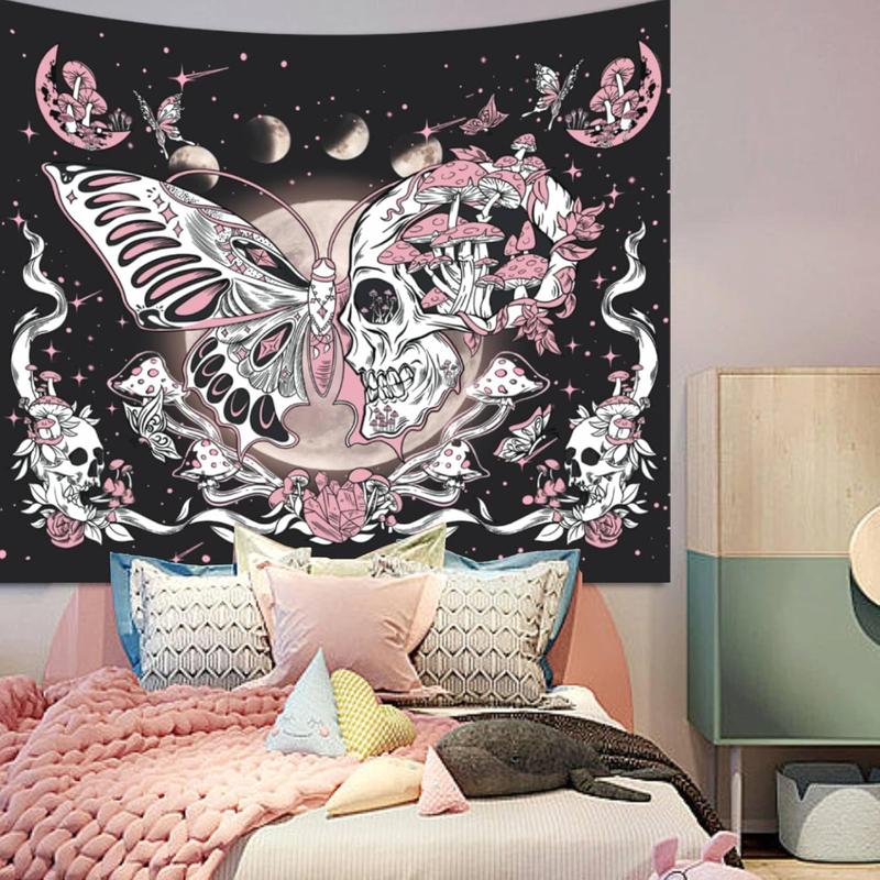 Butterfly Moon Tapestry for Bedroom Aesthetic, Skull Flower Mushroom Stars Dorm Wall Hanging, Black and Pink Cute Moth Plant Hippie Art Tapestries Decorations for Living Room Home (60'' x 79'')