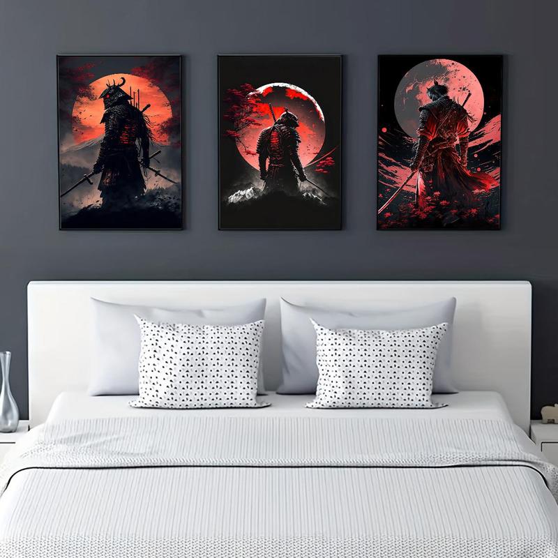 Samurai Pattern Canvas Painting without Frame, 3 Counts set Moon & Samurai Pattern Wall Art Painting, Wall Art Decor for Living Room Bedroom Office