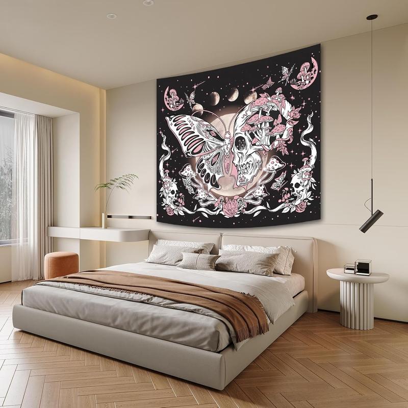 Butterfly Moon Tapestry for Bedroom Aesthetic, Skull Flower Mushroom Stars Dorm Wall Hanging, Black and Pink Cute Moth Plant Hippie Art Tapestries Decorations for Living Room Home (60'' x 79'')