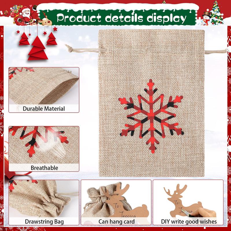 24 Pieces Christmas Burlap Gift Bags Christmas Treat Bags with Drawstrings Small Christmas Gift Goody Bags for Xmas Holiday New Year Party Favors Supplies, 12 Designs