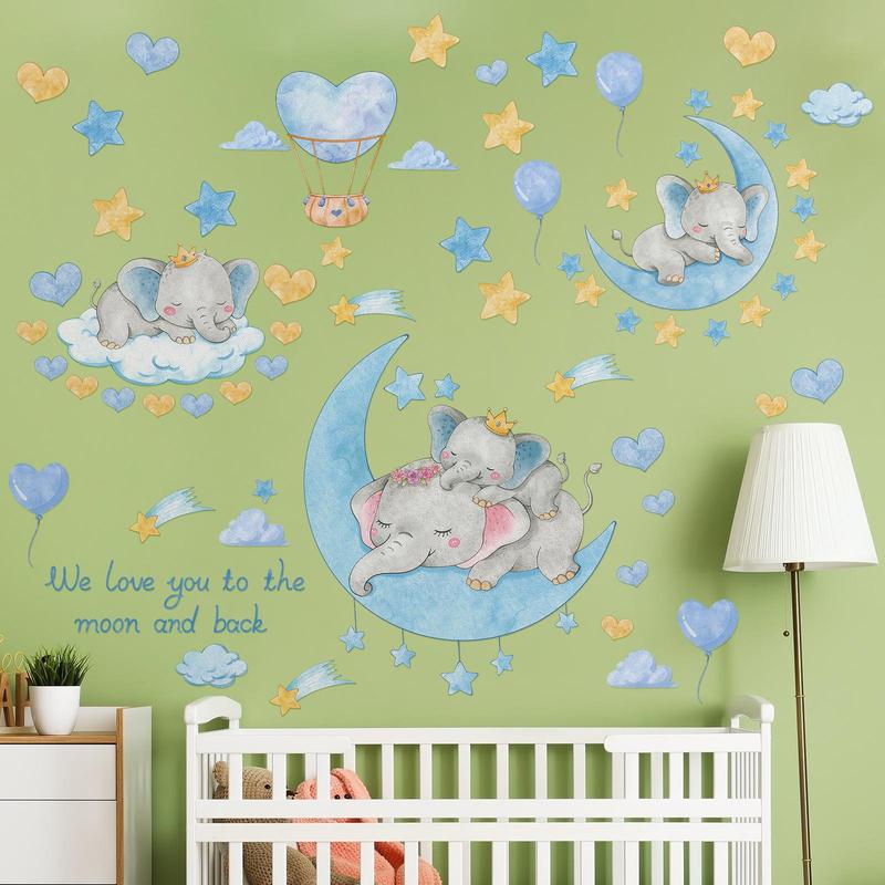 Cartoon Animal Wall Sticker, Baby Elephant, Star, Moon & Clouds Pattern Wall Sticker, Wall Decoration, Wall Decals For Bedroom, Nursery