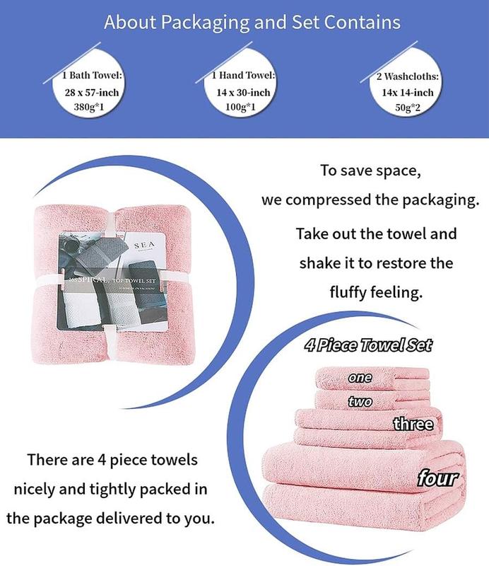 4 count Quick-Dry Microfiber Towel Sets, Super Soft and Absorbent Bathroom Towels, Great Shower Towels, Hotel Towels Gym Towels- Light Pink