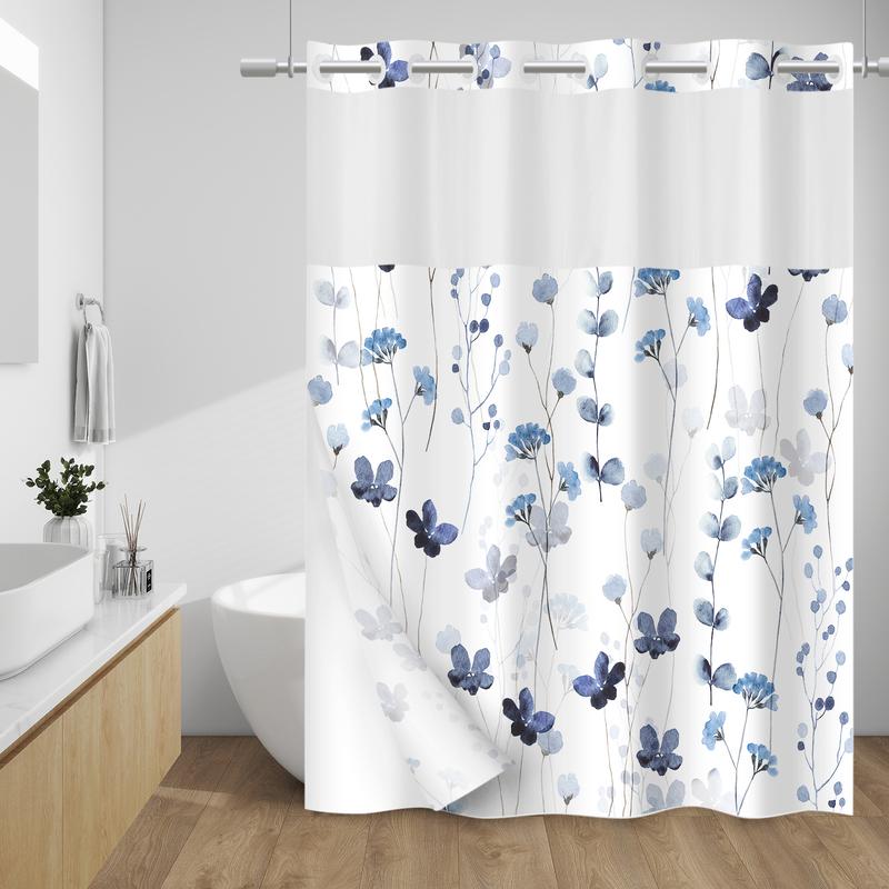 PUNKRAY No Hook Shower Curtain with Snap in Liner - Watercolor Floral Shower Curtain - Fabric Waterproof Inner Liner, Plants Flowers White Cloth Shower Curtains - Machine Washable, 71 x 74    71 x 86