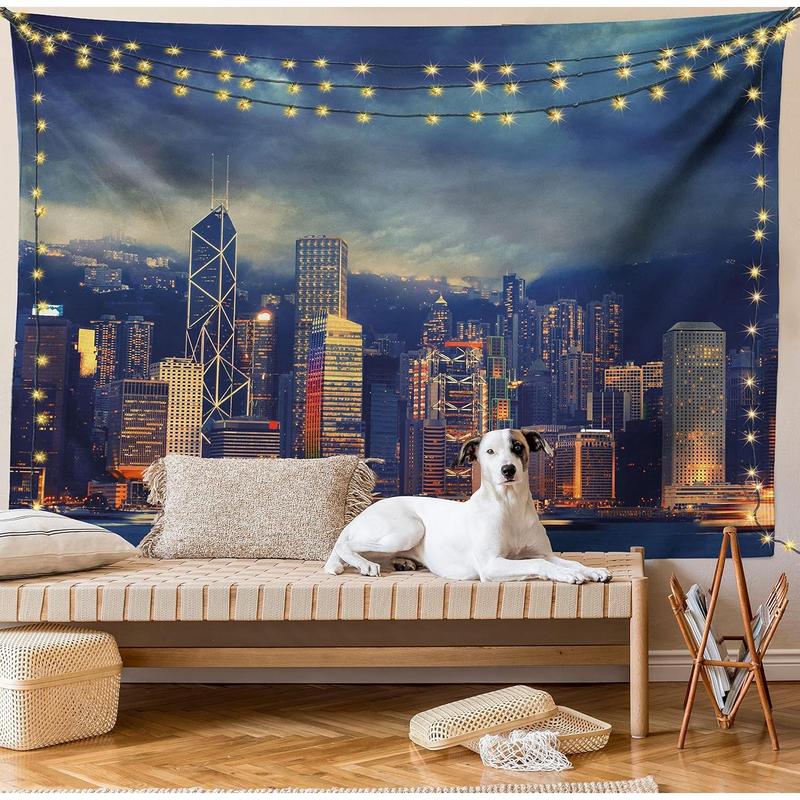 Cityscape Tapestry, Hong Kong Cityscape Stormy Weather Cloudy Sky Seaside Harbor Magnificent View, Bedroom Living Room Dormitory Decorative Wall Hanging, 40