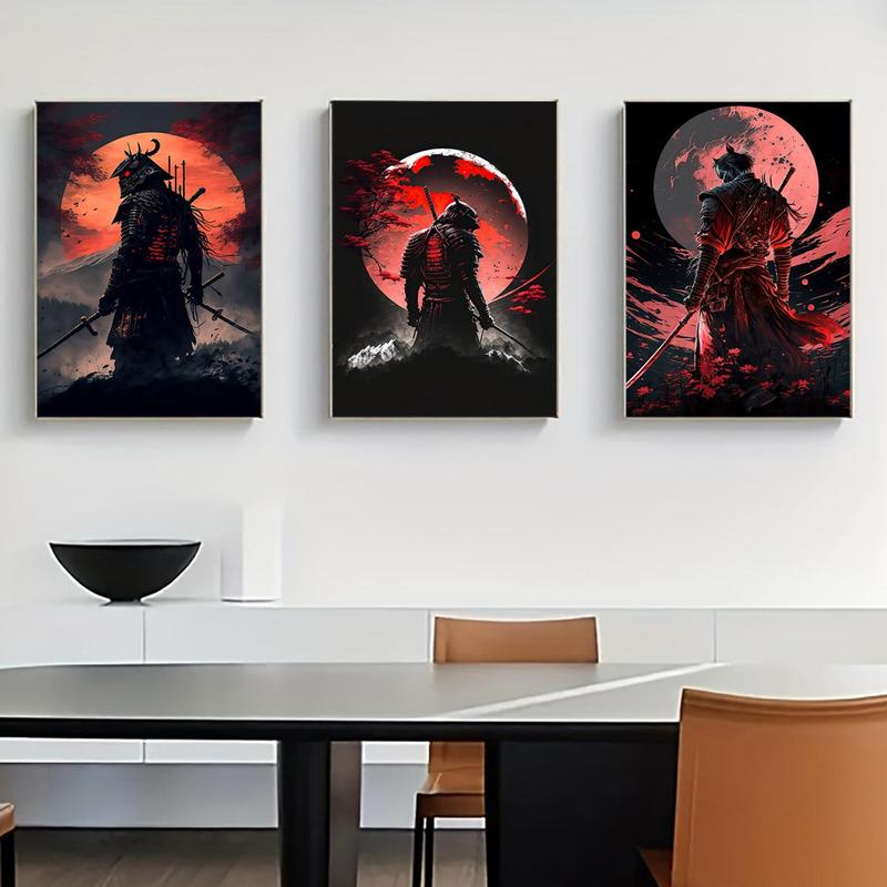 Samurai Pattern Canvas Painting without Frame, 3 Counts set Moon & Samurai Pattern Wall Art Painting, Wall Art Decor for Living Room Bedroom Office