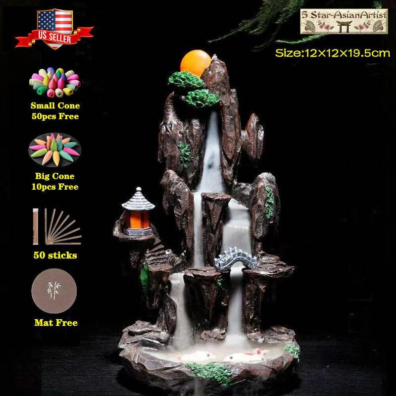 Backflow Incense Cone Burner Mountain Waterfall FY032 033 & 60pcs Cones Gift