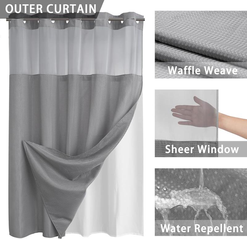 No Hook Shower Curtain with Snap in Liner Set Grey Waffle Shower Curtain for Bathroom 75