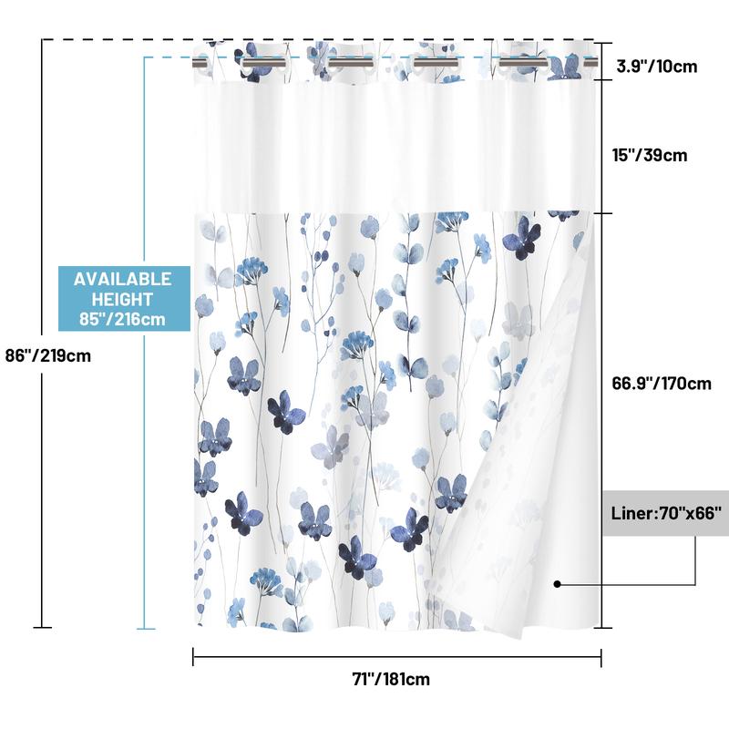 PUNKRAY No Hook Shower Curtain with Snap in Liner - Watercolor Floral Shower Curtain - Fabric Waterproof Inner Liner, Plants Flowers White Cloth Shower Curtains - Machine Washable, 71 x 74    71 x 86