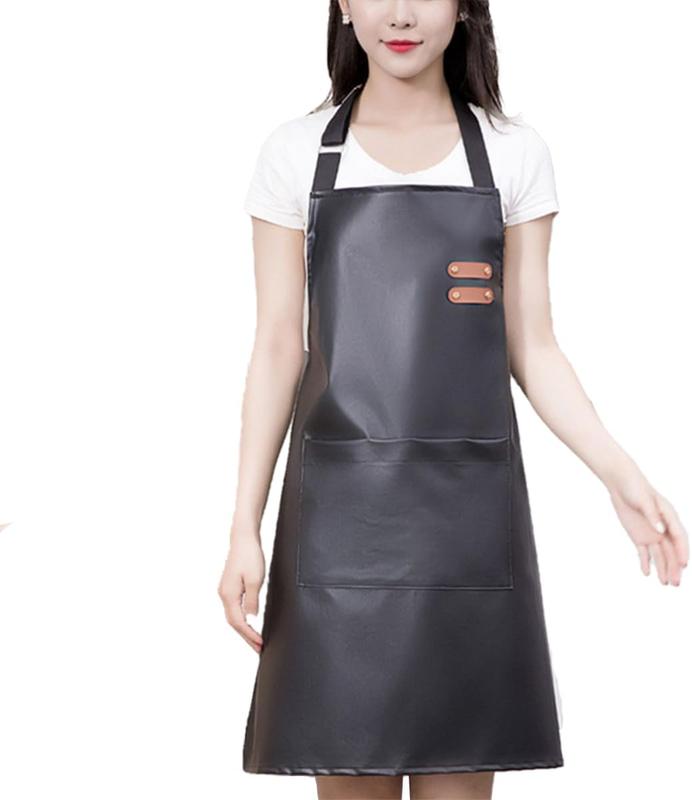 Apron Large Pocket PU Material  Oil-proof Dust-proof Apron Black and Red