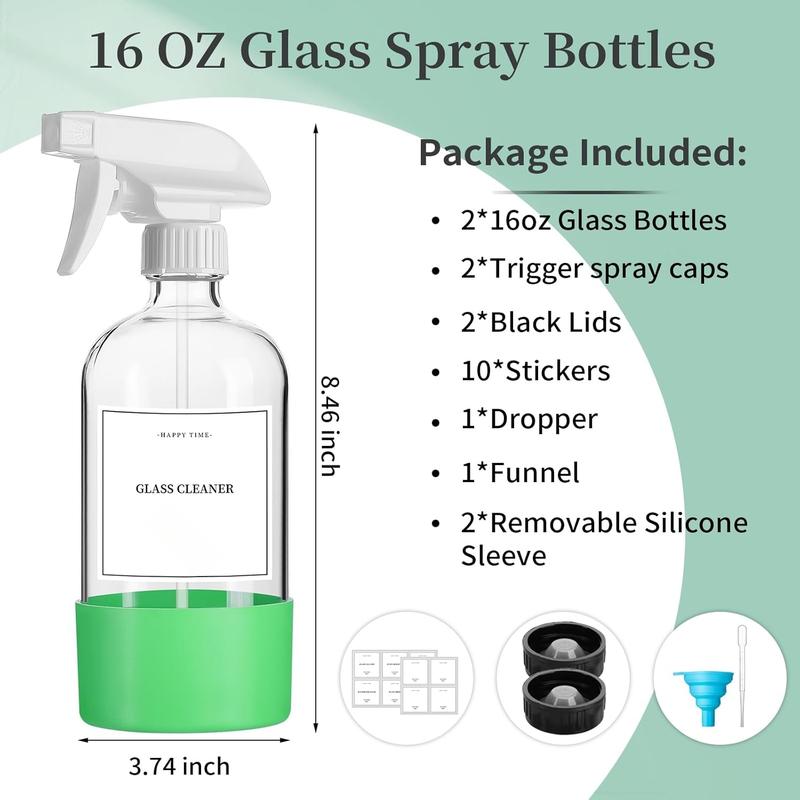 2 Pack Glass Spray Bottles with  Sleeve,16oz Clear Glass Spray Bottles Refillable Empty Bottle with Adjustable Nozzle,Spray Bottle for  Oils,Cleaning Solutions,Pets,Hair