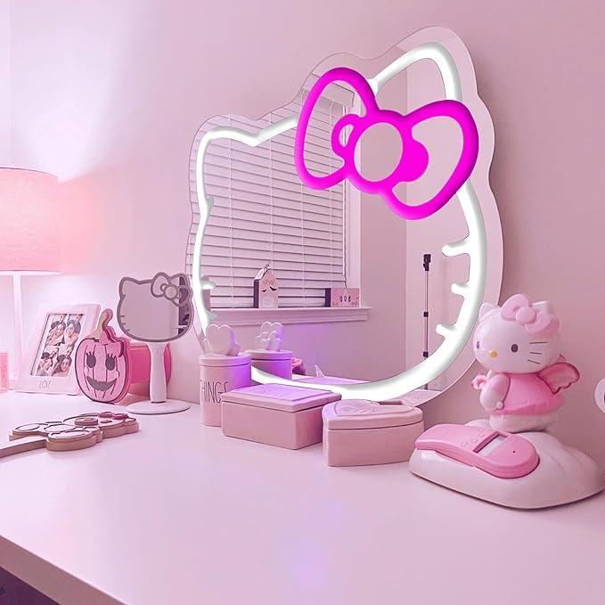 Kitty face Home Decor Mirror Kitty face shape Mirror, Bedroom Wall Mirror, Anime Neon Sign for Dresser, Locker Room,Living Room, Neon Light up Acrylic Mirror with Dimmable