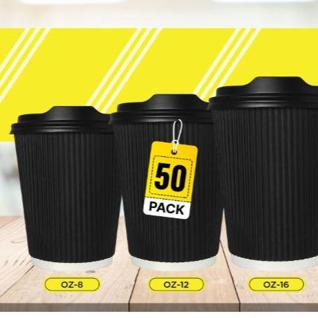 50 Pack Takeaway Coffee Cups with Lids | Disposable Insulated Triple Wall Ripple Kraft Paper Coffee Cups for Takeaway Coffee, Tea or hot Liquids | Pack of 50 (12 Oz.), Black