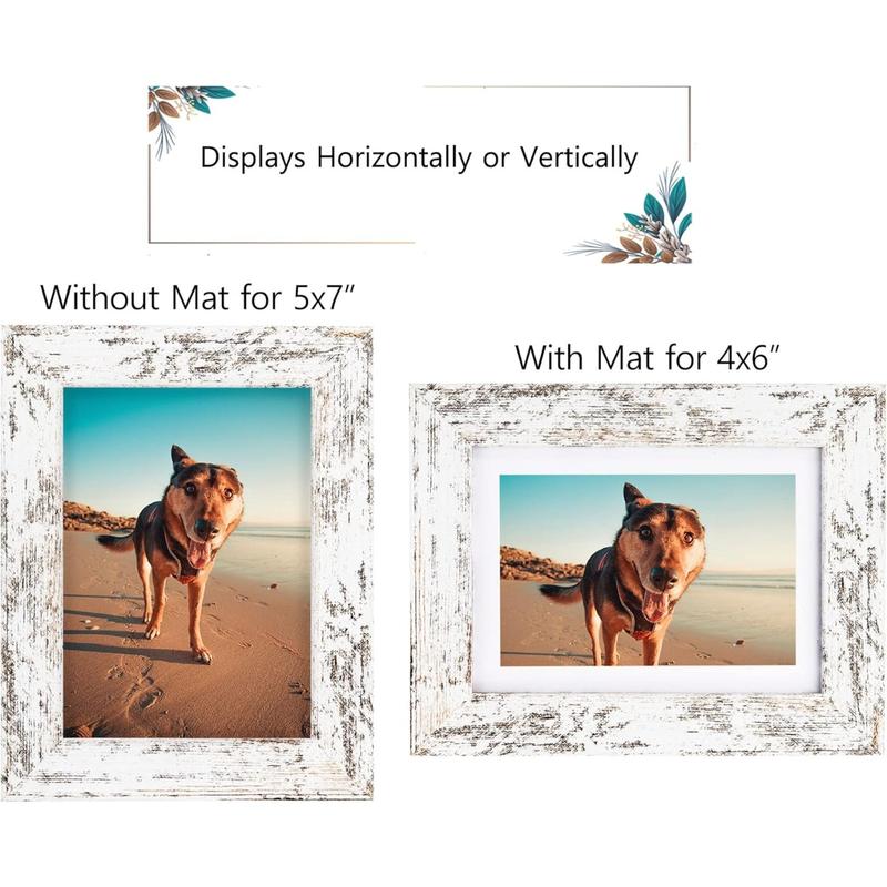 Rustic White 5x7 Picture Frame - Display Photos 4x6 with Mat or 5x7 Without Mat - Real Glass Frames for Wall and Tabletop - Set of 2