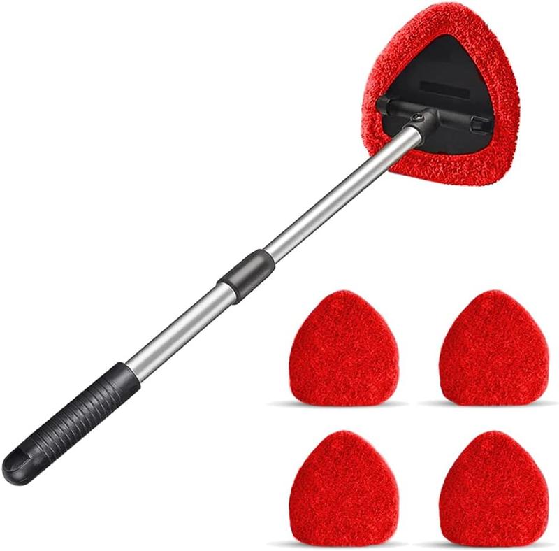 Cleaning Tool, Car Window Cleaner with 4 Washable Reusable Microfiber Pads, Extendable Long Handle Glass Wiper Cleaning Kit, Auto Accessories Universal for Office and Home (Gray)