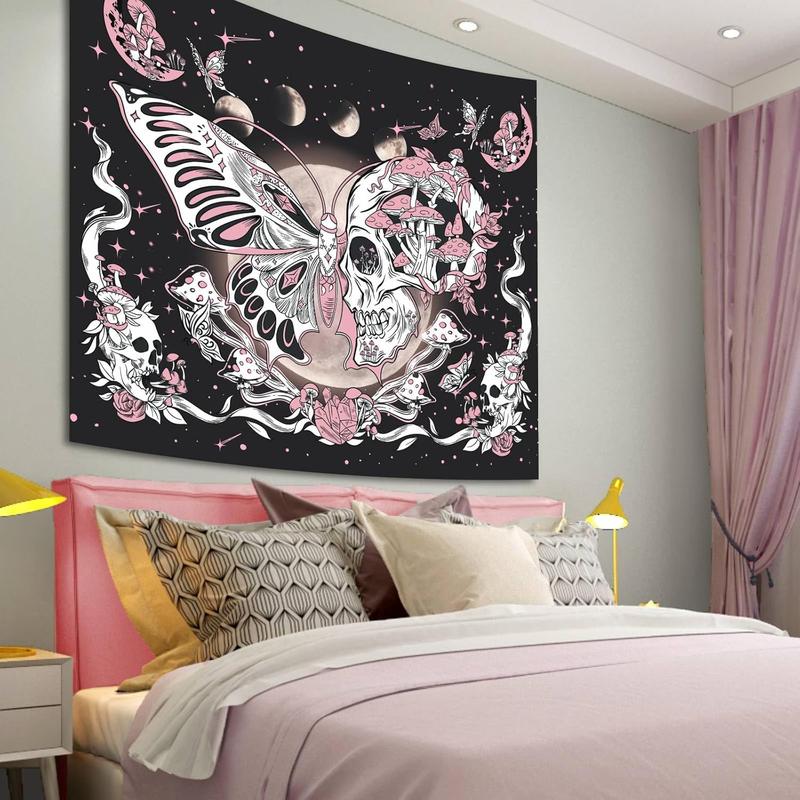 Butterfly Moon Tapestry for Bedroom Aesthetic, Skull Flower Mushroom Stars Dorm Wall Hanging, Black and Pink Cute Moth Plant Hippie Art Tapestries Decorations for Living Room Home (60'' x 79'')