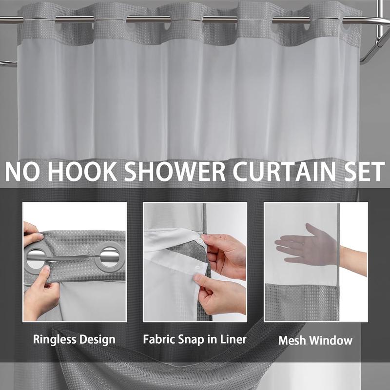 No Hook Shower Curtain with Snap in Liner Set Grey Waffle Shower Curtain for Bathroom 75