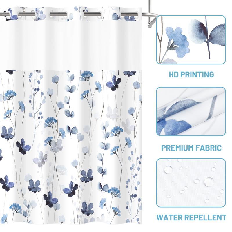 PUNKRAY No Hook Shower Curtain with Snap in Liner - Watercolor Floral Shower Curtain - Fabric Waterproof Inner Liner, Plants Flowers White Cloth Shower Curtains - Machine Washable, 71 x 74    71 x 86