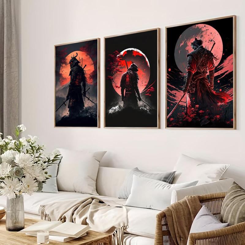 Samurai Pattern Canvas Painting without Frame, 3 Counts set Moon & Samurai Pattern Wall Art Painting, Wall Art Decor for Living Room Bedroom Office