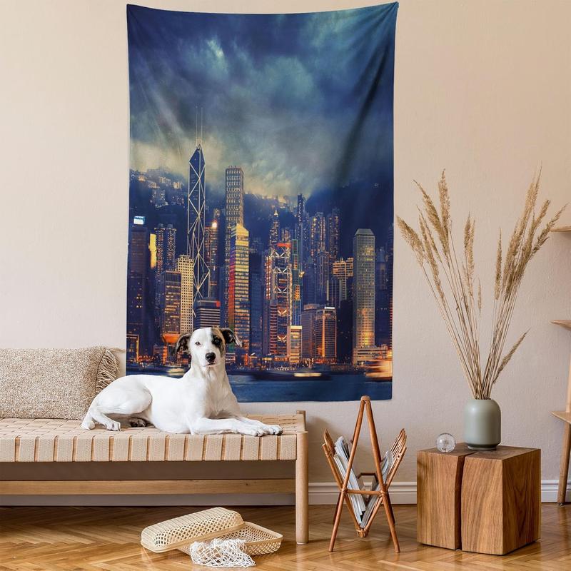 Cityscape Tapestry, Hong Kong Cityscape Stormy Weather Cloudy Sky Seaside Harbor Magnificent View, Bedroom Living Room Dormitory Decorative Wall Hanging, 40