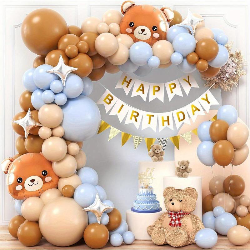 Cartoon Bear Themed Balloon Arch Kit, 109pcs Birthday Balloon Garland Set with 2 Counts Hanging Banner & 2 Counts Tape, Birthday Party Decoration Supplies