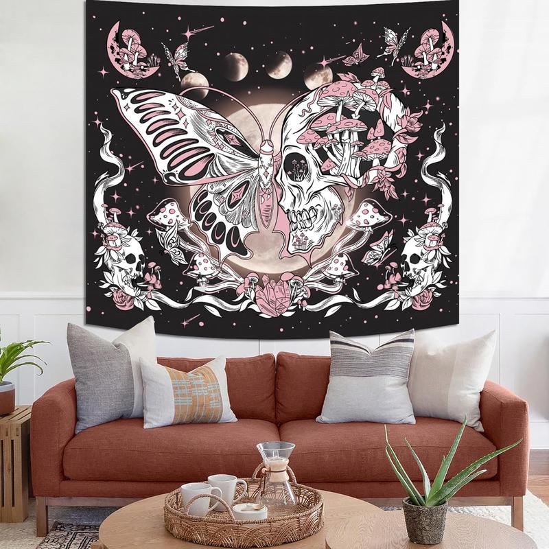 Butterfly Moon Tapestry for Bedroom Aesthetic, Skull Flower Mushroom Stars Dorm Wall Hanging, Black and Pink Cute Moth Plant Hippie Art Tapestries Decorations for Living Room Home (60'' x 79'')