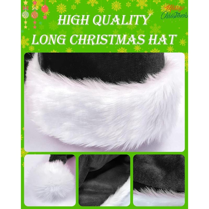 Christmas Black Santa Hat Long, Adults Deluxe Black and White Xmas Christmas Hat for Black Christmas Theme New Year Festive Holiday Party Supplies