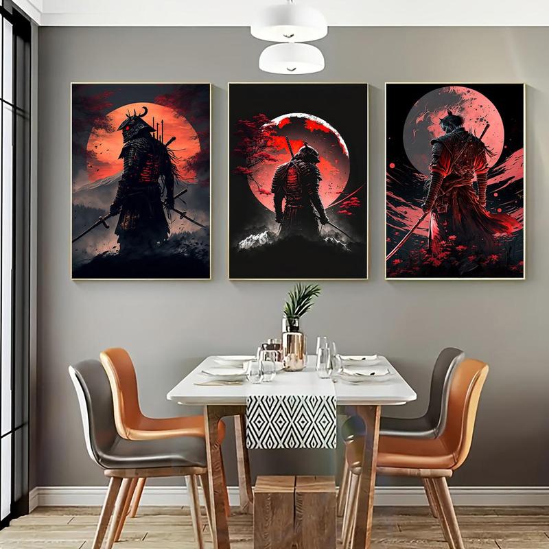 Samurai Pattern Canvas Painting without Frame, 3 Counts set Moon & Samurai Pattern Wall Art Painting, Wall Art Decor for Living Room Bedroom Office