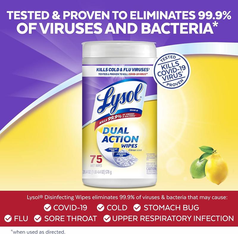 Lysol Dual Action Disinfectant Wipes, Multi-Surface Antibacterial Scrubbing Wipes, For Disinfecting and Cleaning, Citrus Scent, 75ct