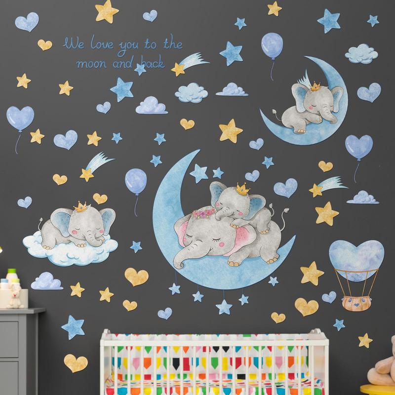 Cartoon Animal Wall Sticker, Baby Elephant, Star, Moon & Clouds Pattern Wall Sticker, Wall Decoration, Wall Decals For Bedroom, Nursery